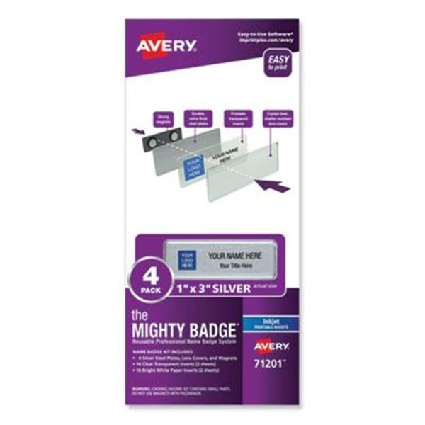 Avery AVE Name Badge Kit for Inkjet Printer; Silver - Pack of 4 71201